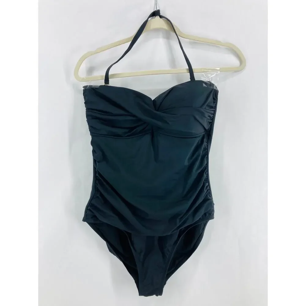 NWOT Unbranded Black Ruched One-Piece Halter Swim Bathing Suit Women's